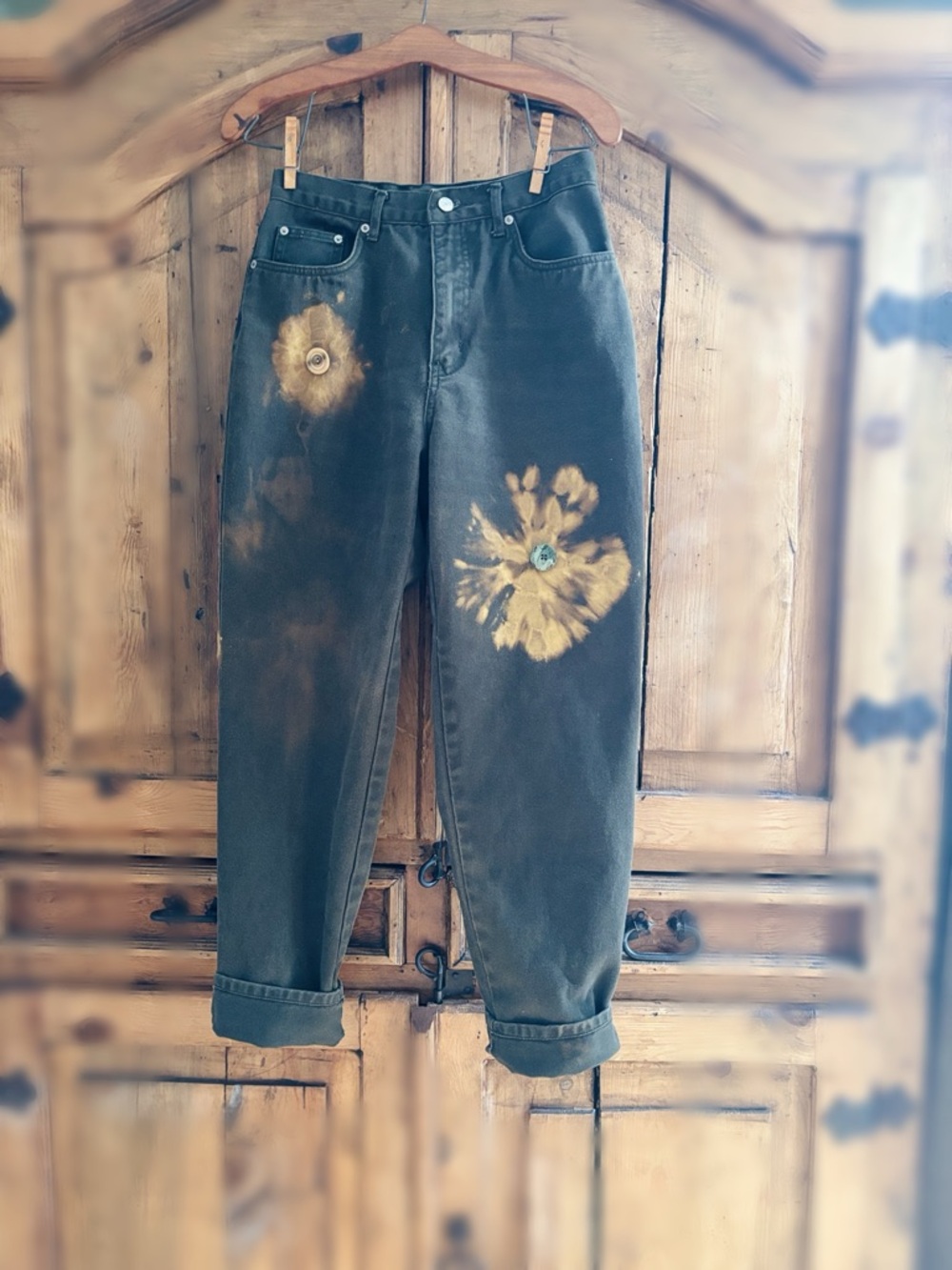 OOAK Artisan Bill Blass Custom Bleach Flower Jeans Army Green Size 8